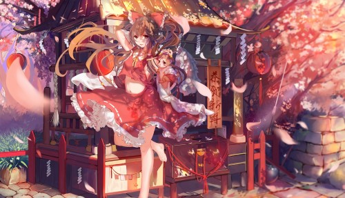 Konachan.com---214816-animal-barefoot-bow-brown_eyes-brown_hair-erect_nipples-hakurei_reimu-japanese_clothes-long_hair-miko-miko_ari-navel-shrine-skirt-touhou-tree.jpg