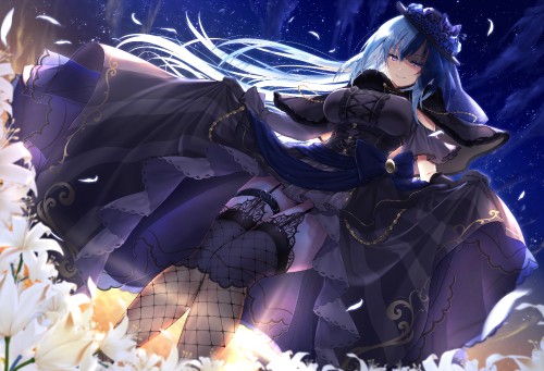 Konachan.com 294671 blue eyes blue hair cape emori miku flowers garter garter belt goth loli hat jii