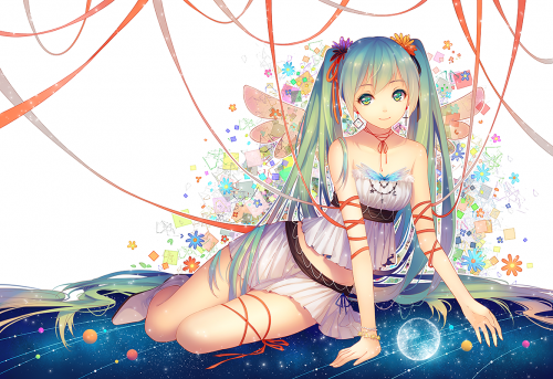 Konachan.com 194274 green eyes green hair hatsune miku long hair ribbons skirt tidsean twintails voc