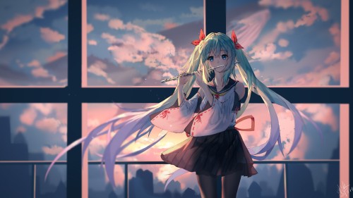 Konachan.com 294802 clouds flute hatsune miku instrument pantyhose school uniform signed sky sunset 