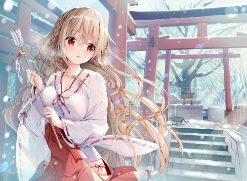 Konachan.com---292290-animal-bell-blush-braids-breasts-brown_hair-cat-cleavage-japanese_clothes-long_hair-miko-original-red_eyes-snow-sousouman-stairs-torii-tree.jpg