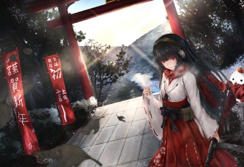 Konachan.com---292967-anthropomorphism-black_hair-forest-girls_frontline-gun-headphones-japanese_clothes-long_hair-miko-purple_eyes-shumeia-snow-torii-tree-weapon.jpg