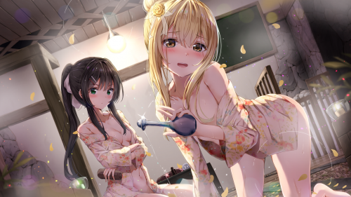 Konachan.com 295050 2girls bath black hair blonde hair green eyes kuria (clear trip second) long hai