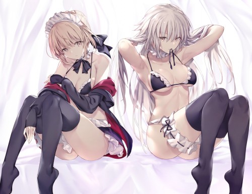 Konachan.com 296039 2girls apron bikini breasts choker garter gray hair haishiki headdress hoodie lo