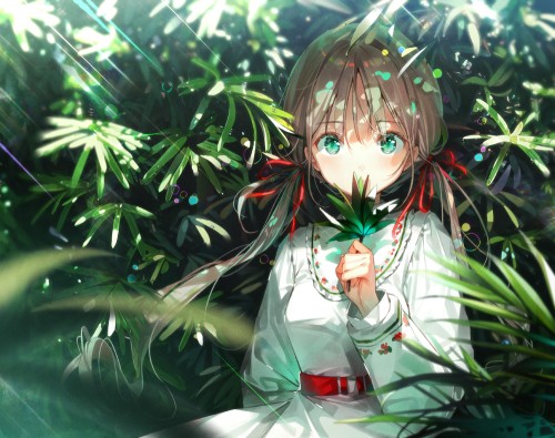 Konachan.com 295831 brown hair dress dsmile green eyes leaves long hair original ribbons twintails