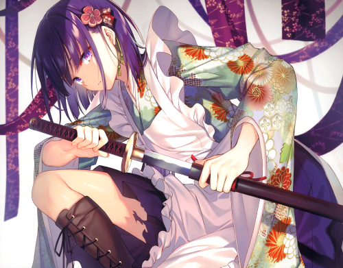 Konachan.com---298282-apron-boots-cropped-japanese_clothes-katana-kimono-original-purple_eyes-purple_hair-scan-short_hair-sword-toosaka_asagi-weapon.png