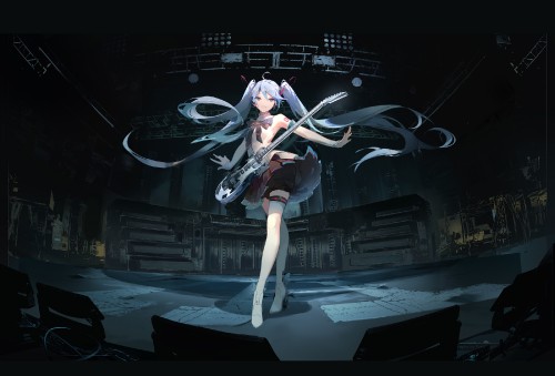 yande.re 477992 guitar hatsune miku headphones heels red flowers skirt lift tattoo thighhighs vocalo