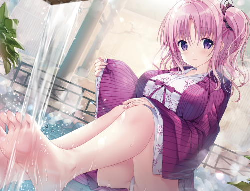 Konachan.com 301824 barefoot blush japanese clothes original panties pink hair purple eyes sousouman