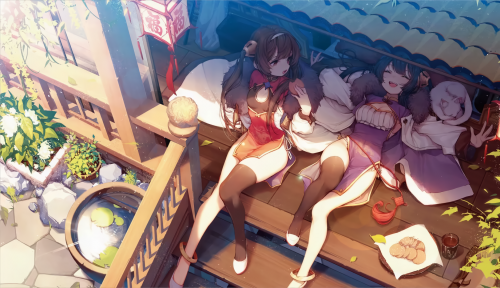 2girls 909089089 animal anthropomorphism azur lane brown hair cat chinese clothes chinese dress drin