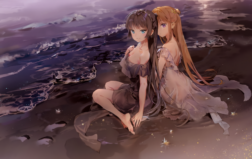 2girls-anmi-barefoot-beach-black-hair-breasts-brown-hair-cleavage-cropped-dress-green-eyes-long-hair-original-ponytail-purple-eyes-scan-water.png