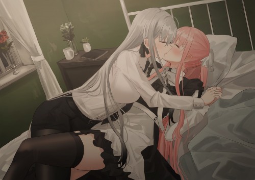 2girls apron bed chihuri405 garter belt gray hair kiss maid original pantyhose pink hair shirt short