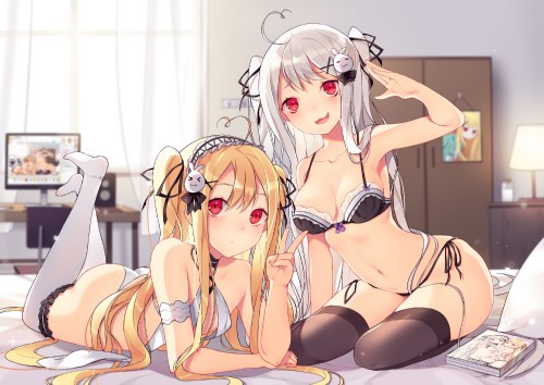 2girls ass blonde hair bra breasts gray hair headdress long hair navel niliu chahui original panties