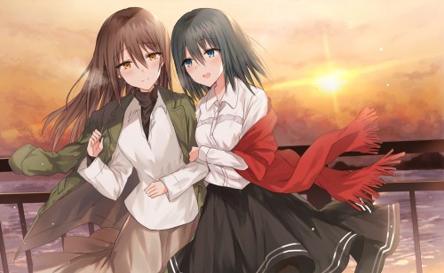 2girls-black-hair-blue-eyes-blush-brown-eyes-brown-hair-kinona-long-hair-moon-original-shoujo-ai-skirt-sky-sunset.jpg