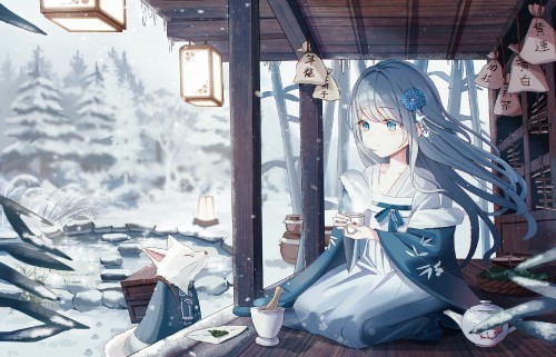 animal blue eyes blue hair building chinese clothes drink fox iren lovel long hair original snow wat