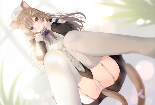 animal ears apron bandaid blush bow brown hair cameltoe catgirl cat smile garter belt headdress leo 