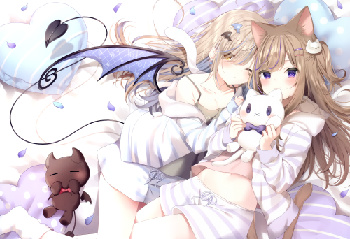 animal ears blonde hair blush bow brown hair bunny ears catgirl cat smile cropped demon hoodie leo (