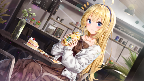 aogiri koukou game club blonde hair blue eyes blush book bow cake dress drink food fruit headband ku