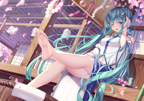 barefoot building cherry blossoms cosplay flowers hatsune miku japanese clothes kochiya sanae pupupu