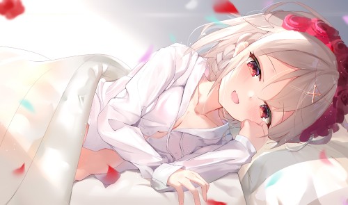 bed blush brown hair headband honkai impact long hair red eyes theresa apocalypse zhongwu chahui