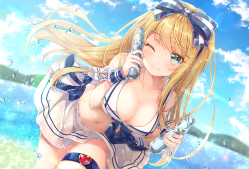 bikini blonde hair bow clouds drink garter gomano rio green eyes long hair navel original skirt sky 