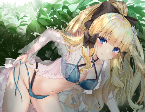 bikini blonde hair breasts cleavage long hair navel ponytail princess connect! sasaki saren see thro