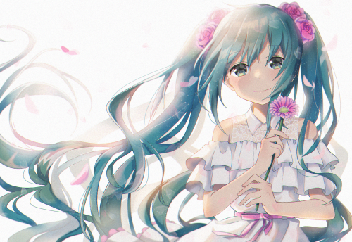 blue eyes blue hair bow dress flowers hatsune miku long hair petals tasi y twintails vocaloid