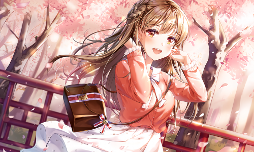 304153 aqua eyes braids brown hair cherry blossoms connie (keean2019) flowers long hair original ski