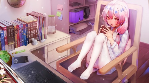 304437 blush book computer drink flowers honkai impact lyk wuyan pantyhose phone pink hair red eyes 