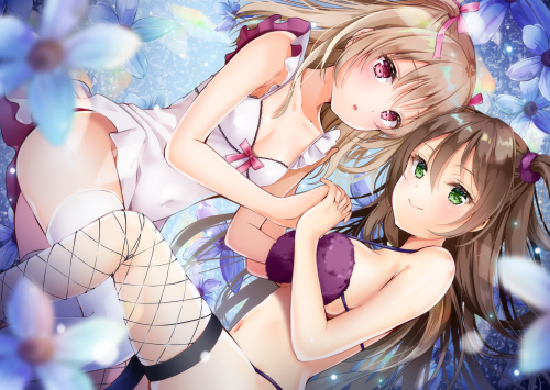 304512_2girls-blush-bra-breasts-brown-hair-cleavage-dress-flowers-green-eyes-long-hair-navel-original-panties-purple-eyes-skirt-lift-tail-thighhighs-underwear-yoshida-iyo.png