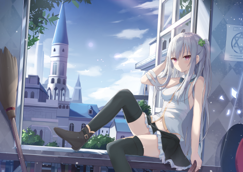 304598 blush building clouds gray hair long hair navel original purple eyes skirt sky touhourh zetta