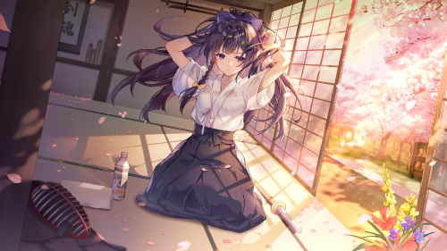 304710 blush bow braids cherry blossoms drink ekita xuan flowers honkai impact japanese clothes long