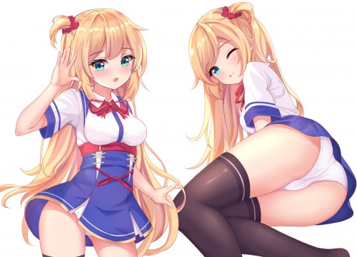 304876 aisuuwan akai haato ass blonde hair cameltoe dress green eyes hololive long hair panties scho