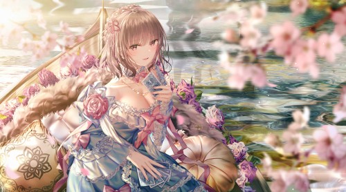 305048_bow-braids-breasts-brown-hair-cherry-blossoms-cleavage-dress-flowers-junpaku-karen-lolita-fashion-necklace-original-purple-eyes-rose-water.jpg