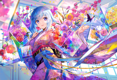 305050 blue hair butterfly emori miku emori miku project flowers fuji choko japanese clothes kimono 