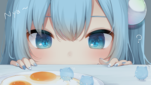 305224 amashiro natsuki aqua eyes aqua hair catgirl close food nekoha shizuku original