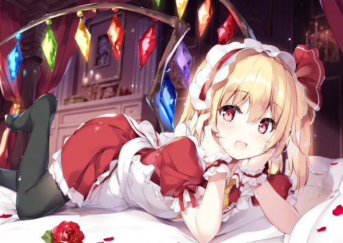 305260 apron blonde hair blush dress flandre scarlet headband maid miyase mahiro red eyes thighhighs