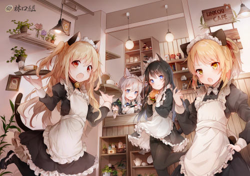 305423_amafuyu-animal-ears-apron-bell-black-hair-blonde-hair-blue-eyes-bow-catgirl-chibi-collar-drink-fang-flat-chest-food-game-console-gray-hair-group-headdress-loli-long-hair-maid-original-pantyhose.png