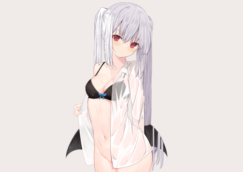 305648 blush bra breasts cleavage demon gray long hair mm2k naked shirt open shirt original red eyes