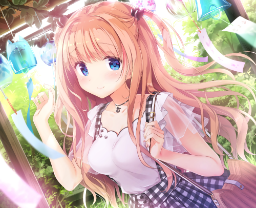 305662 blue eyes blush choker cropped date situation zukan kimishima ao leaves long hair orange hair