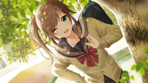 Konachan.com---304026-blush-bow-brown_hair-green_eyes-long_hair-original-ponytail-school_uniform-shiokazunoko-tree-wink.png