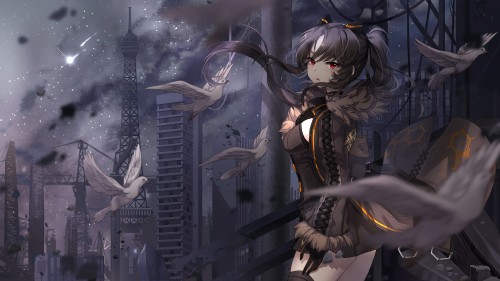 Konachan.com 306399 animal bird building city gray hair iris yuma kyjsogom red eyes soul worker thir