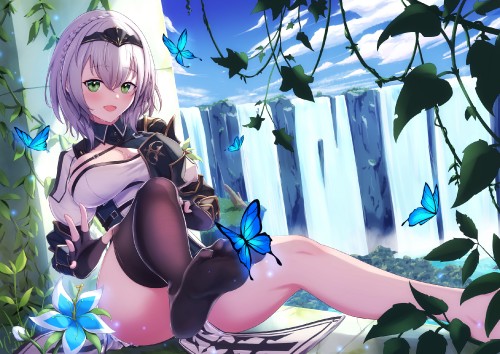 Konachan.com 318326 braids butterfly cocoablue23 flowers gray hair green eyes hololive shirogane noe