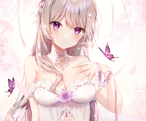 Konachan.com 318649 breasts brown hair butterfly cherry blossoms cleavage close cropped flowers long