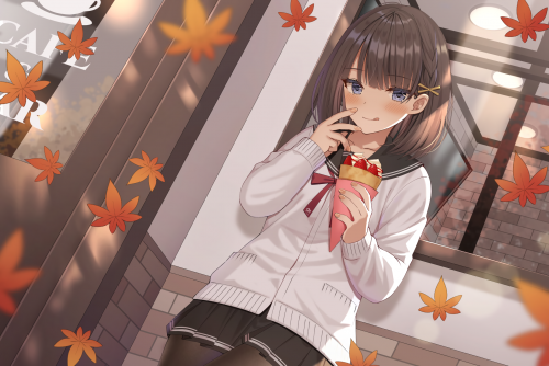 Konachan.com 317854 autumn blue eyes blush brown hair food fruit izumo neru leaves original pantyhos