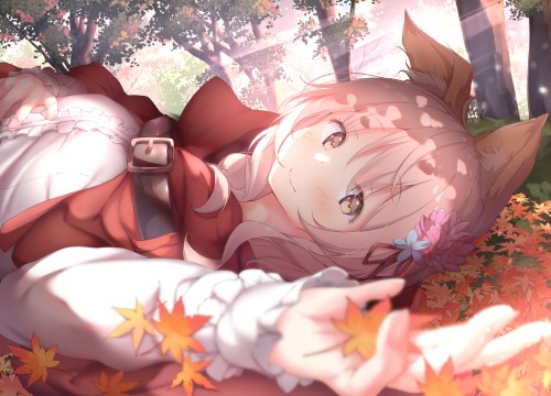 Konachan.com---318923-animal_ears-autumn-blush-brown_eyes-cape-chiisana_mori_no_ookami-chan-forest-hoodie-leaves-ookami-chan-pink_hair-tree-ukiwakisen-wolfgirl.jpg