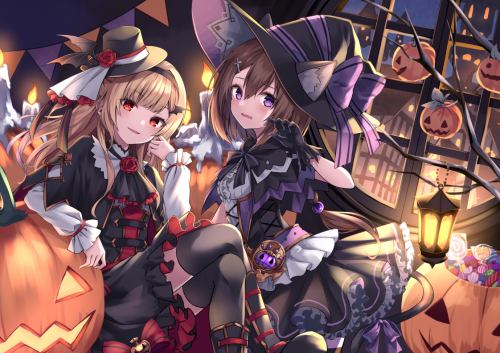 Konachan.com---318964-2girls-halloween-hat-kure_pu-original-pumpkin-thighhighs-witch_hat.png