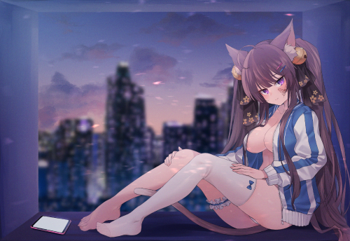 Konachan.com 316810 animal ears bell brown hair building catgirl city clouds cropped garter jingo lo