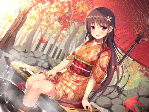 Konachan.com 316881 autumn blush brown hair japanese clothes leaves long hair onsen original red eye