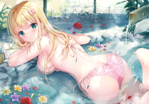 Konachan.com---327169-ass-bikini-blonde_hair-blush-breasts-flowers-green_eyes-inagaki_minami-long_hair-nipples-original-rose-scan-sousouman-swimsuit-topless-water-wet.png