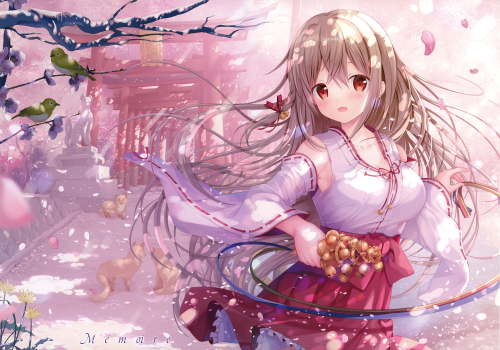 Konachan.com 327171 animal bell bird brown hair cherry blossoms flowers fox japanese clothes long ha